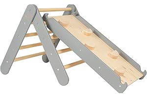 MEOWBABY Triangle d'escalade avec Toboggan pour Enfants - Montessori Triangle Pikler Mur d'escalade pour Bébé en Bois, Gris