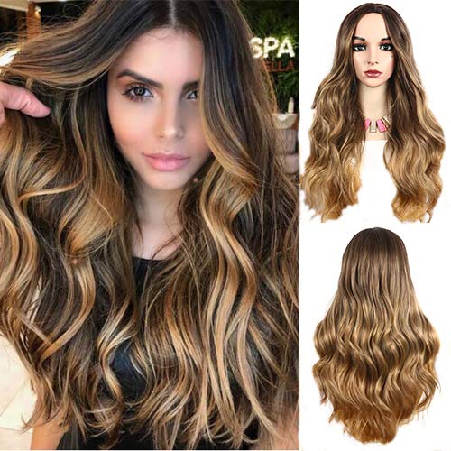 Peluca de pelo sintético de fibra de color rubio ondulado natural de 130% de densidad, ondulada y resistente al calor, para mujeres negras, uso diario