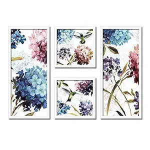 Painting Mantra Floral and Bird Framed Painting for Living Room Decoration, White Frame (22x 47 cm, 9x9 Inch) - Set of 4