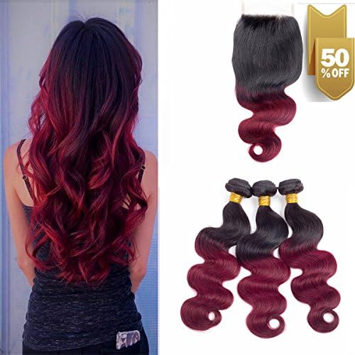 Dark Red Ombre Brazilian Body Wave 3 Bundles Ombre Hair Bundles with Closure, Red Hair Extensions Human Hair, Soft Thick (16 & 18 & 18 with 14)