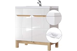 Lomadox Badezimmer Waschtisch Set mit 81cm Keramik-Waschbecken, Unterschrank Hochglanz weiß & Wotaneiche, Softclose-Türen, B/H/T 81/85/46cm