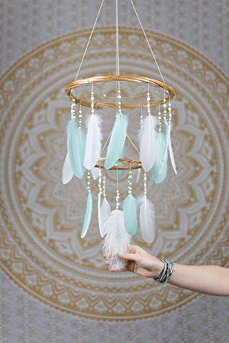 Dreamcatcher Mobile Chandelier Mint and White - Handmade Dream Catcher Mobile Gift Perfect for Baby Showers and Nursery Gifts