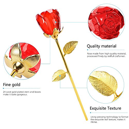 Rosen – Crystal Rosenknospe mit Gold 24K Stem – Beste Geschenk für Muttertag, Valentinstag, Muttertag, Jubiläum, Hochzeit, Geburtstagsgeschenk (rot) - 3