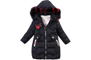 linboo Mädchen Winterjacke Kinder Wintermantel Dicke Steppjacke Lange Warme Parka Baumwolljacke Outdoor Mantel mit Fellkapuze und Love Stickdruck