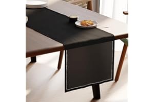 Encasa XO Runner da Tavolo | Puro Cotone con Design Orlato | Dimensioni 32x230 cm | Nero - Lavabile in Lavatrice