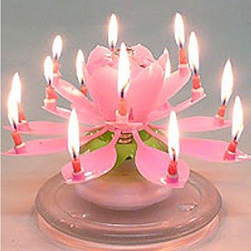 Happy Birthday Musical Candle Blooming Lotus Party Light Decoration Pink