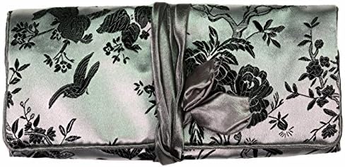 Silver Embroidered Bird Silk Make Up Bag Wrap Jewellery Roll, 26 X 19 Cm (Approx), Multicoloured