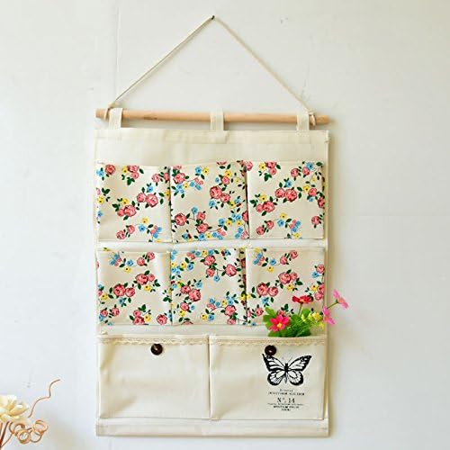 8 pocket Multifunction Cotton and linen Wall-mounted Storage package - Goods Sorting Storage Bag Pouch Household Organizer Home Wall Door Closet Hanging Case Organize （Floral butterfly）