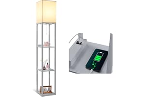 DEANIC Floor Lamp with Shelves UK-Modern Standing Lamps for Living Room,Bedroom, Office, 2 USB Ports and a 3-Color LED Bulb, Linen Fabric Shade (Grey)