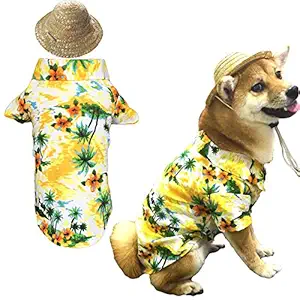 Hawaiian Pet Dog T-Shirt Summer Camp Clothes Apparel with Straw Hat for Small Medium Large Dog Puppies Cats Medium