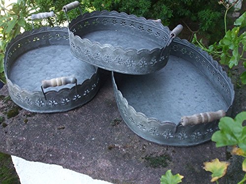 Dekoratives Tablett-Set, 3 Stück, Zink, Holzgriffe, verziert, Landhaus - 2