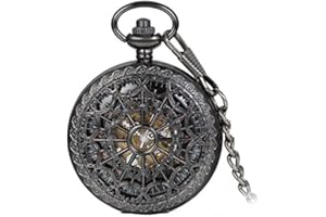 Avaner Unisex Antique Steampunk Black Skeleton Spider Web Pattern Hand Wind Mechanical Movement Roman Numeral Pocket Watch Gift with 14 inches Chain