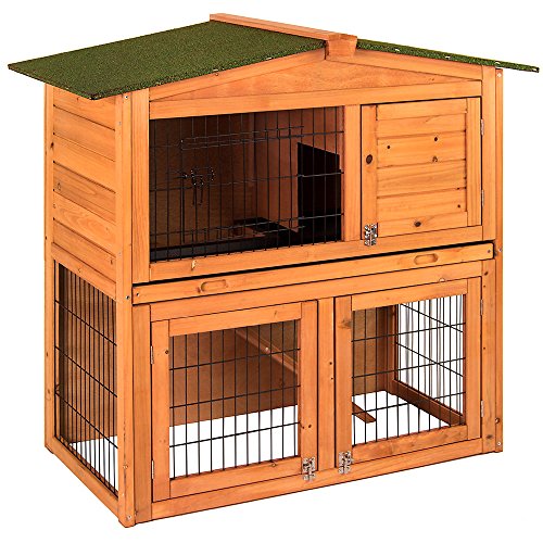 Pet Vida Wooden Pet Rabbit 2 Tier Hutch, Double Bunny Guinea Pig Animal House Home Run Cage With Sliding Tray