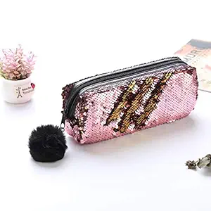 New True Human Glitter Sequin Hairball Pencil Pouch / Pencil Box / Makeup Pouch for Girls , Kids , Party Gifts Birthday Gifts (Light Pink)