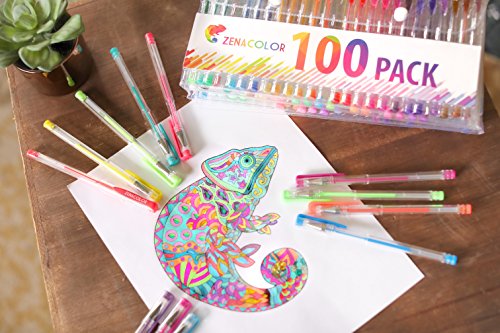 Zenacolor 100 Gelschreiber Gelstifte Set mit Etui – Extra großes Set – 100 einzigartige Farben (keine Duplikate) – mit hochwertiger leicht fließender Tinte – toll für Malbuch für Erwachsene - 6