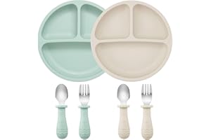 PandaEar Set de Alimentación para Bebés | 2 Platos Divididos con Ventosa de Silicona, 2 Juegos de Cucharas y Tenedores para Bebés | Utensilios de Autoalimentación para Baby Led Weaning