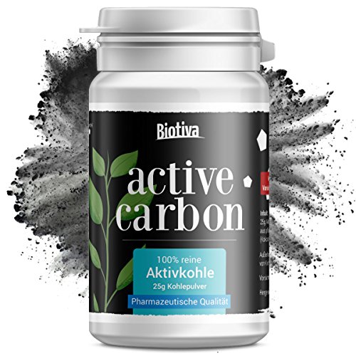 Aktivkohle „Active Carbon“ - Das ORIGINAL von Biotiva® // 25g reine Aktivkohle | Natürliches Zahnaufhellung-Pulver aus Kokosnuss | Für Zahnbleaching und Peel-Off-Maske (Schwarze Gesichtsmaske, Blackhead) gegen Mitesser, Akne und unreine Haut - MADE IN GERMANY (auch: Activated Charcoal Teeth Whitening)