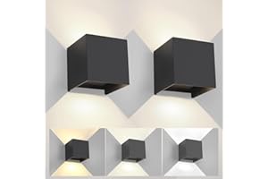 FUPE 2 Piezas Aplique de Pared Exterior Interior Luz Ajustable de 3 Colores LED Lámparas de Pared Moderno Negro 15W IP65 Impermeable Apliques de exterior cuadrada de aluminio Ángulo de luz ajustable 11CM