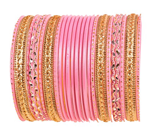 TouchstoneColorful 2 Dozen Bangle Collection Indian Bollywood Alloy Metal Textured Baby Pink Designer Jewelry Special Large Size Bangle Bracelets Set of 24 in Antique Gold Tone for Women
