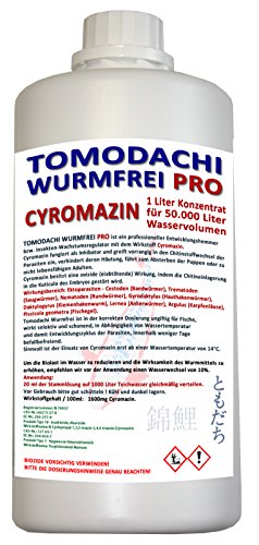 Wurmmittel Fische, Parasitenmittel Koi - wurmfrei, karpfenlausfrei, Parasitenbekämpfung mit Cyromazin - beseitigt schonend, dauerhaft und nachhaltig Würmer und andere Parasiten im Koiteich und am Koi. Tomodachi Wurmfrei Pro 1L Cyromazin Konzentrat ausreichend für 50.000L Teichwasser