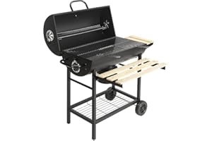 COSVALVE Large Charcoal BBQ Grill Smoker Barbecue Barrel Trolley Portable Big Garden Outdoor Patio Cooking With Integrated Temperature Gauge, Wheels, Wooden Shelves
