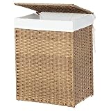 SONGMICS Panier à Linge de 90 L, Tissé à la Main, Corbeille à Vêtements en Rotin Synthétique avec Couvercle et Poignées, Pliable, Sac intérieur Amovible LCB51NL