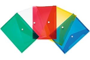 HERMA 20050 - Carteras para documentos A5, transparentes, multicolor, paquete de 5 sobres pequeños transparentes con cierre de botón a presión, sobres de plástico para escuela, universidad, oficina,