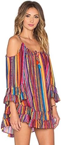 LMMVP Women's Summer Rainbow Print Fringed Beach Dress Loose Chiffon Strap Dress (XL)