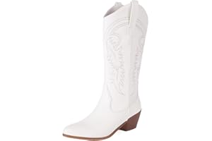 COOLCEPT Wetsern Cowboy Boots Embroidered Mid Calf Boots Pull on