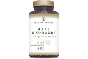 Huile d'Onagre + Omega 6 Pressee a Froid 10% GLA et Vitamine E - 200 Gélules 2000 mg - Équilibre Hormonal, Syndrome Premenstruel et Antioxydant. N2 Natural Nutrition