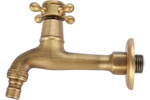 MAGT Grifo Vintage Latón, Grifo de Agua de Latón Vintage Mango Cruzado Único Adaptador de Grifo de Control de Agua Fría/Caliente Montado en Pared (Grifo de Agua Largo)