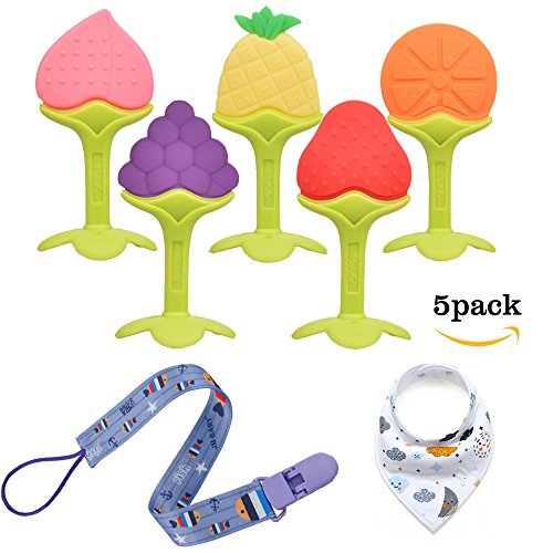 Toboo - Juguetes de Mordedor, Set de Frutas de Mordedores de Silicona Natural y Suave Sin BPA con Clip de Chupete y Babero, No Tóxico, Duradero y Congelador Seguros para Niños & Niñas Bebés y Infante