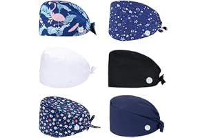 HOOTO 6 Pieces Working Cap with Button and Sweatband Adjustable Tie Back Head Cover Hats Bouffant Hats for Women Men, Assorted Color