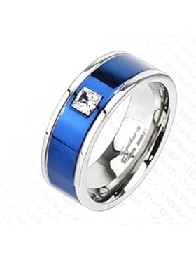 Paula & Fritz® Titan Ring silbern 6 oder 8mm breit Band Ring mit blauem Band und Zirkonia farblos verfügbare Ringgrößen...
