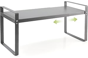 Cozary Scaffale da Cucina Espandibile (37∼63cm), Mensole da Cucina per Stoviglie, Metallo Scaffale Cucina, per Utensili, Snack o Libri, Più Spazio di Appoggio, per Cucina, Banconi, Dispensa, Grigio