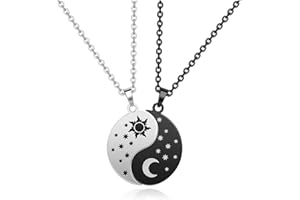 PiercingJak 2pcs Yin Yang BFF Couple Pendant Necklace Round Black White Stainless Steel Matching Puzzle Moon and Sun Tai Chi Necklace Gift for Bestfriend Girlfriend Boyfriend Women Men