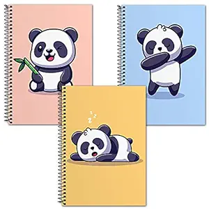 STARCANDY Set of 3 Colours Cute Panda A5 Size Wiro Bound Spiral Diary Notebooks for Writing (80GSM, 180 Pages) (Dancing Yellow Set, Ruled)