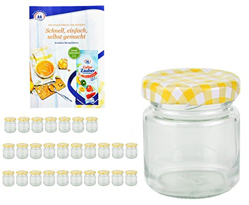 28er Set Rundgläser 53 ml Deckelfarbe gelb weiß kariert TO 43 inkl. Diamant Gelierzauber Rezeptheft, Einmachgläser, Einkochgläser, Vorratsgläser, Mini Sturzgläser, Obstgläser, Portionsgläser, Gläser