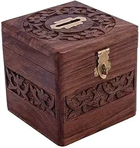 UNIQUE HUB Wooden Money Bank/Piggy Bank for Kids/Coins Storage Box Handicrafted Wooden Money Bank - Coin Saving Box - Piggy Bank - Gifts for Kids, Girls, Boys & Adults (Brown)