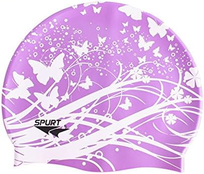 Neeiors Women New Waterproof Silicone Swim Cap Summer Pool Spa Swimming Hat Haircare Bathing Cap for Long Hair Purple Butterfly