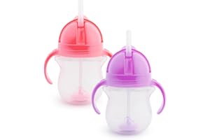 Munchkin Click Lock Tip & Sip Straw Cup Set| Baby & Toddler Sippy Cups with Straw| BPA Free Non Spill Cup| Dishwasher Safe Baby Straw Cup| Weighted Straw Childrens Cups| 7oz/207ml| 2 Pack| Pink/Purple