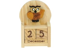 Namesakes® Calendrier perpétuel hibou sage : Idées de cadeaux en bois pour hommes ou femmes : Calendrier de bureau avec date et blocs de mois : Avent animalier ou petite idée cadeau