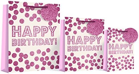HAPPY BIRTHDAY PINK DOTS NOUGHTS &amp; KISSES GLITTER GIFT BAG WITH PINK DOT GIFT TAG SMALL SIZE 8 x 5"