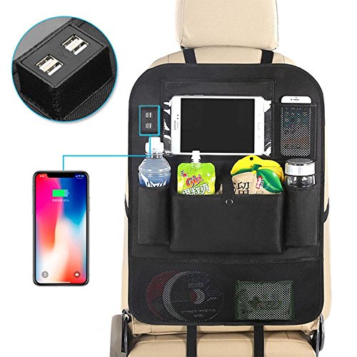 Preisvergleich Produktbild Rücksitz Auto Organizer für Kinder, Kick-Matten Rücksitz Auto Displayschutzfolie mit Multi Pocket Aufbewahrungstasche Halter & 4 USB Port für Ipad Tablet Flasche Drink Tissue Box Toy Fahrzeuge Zubehör