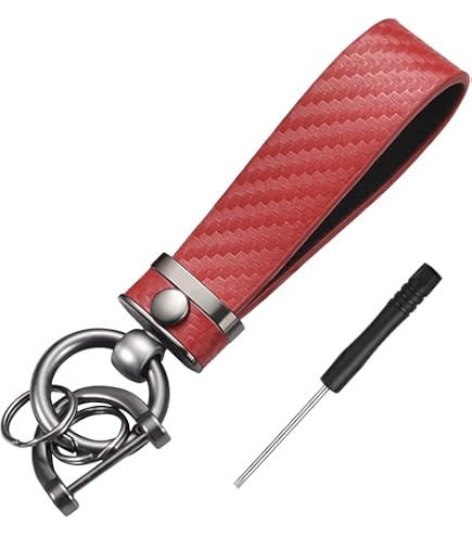 Porte-clés En Fibre De Carbone Et Cuir - Anneau D Rotatif 360°, Anti-perte, Design Métal Noir + Cuir Bordé Rouge