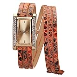 Stilvoll Frauen Quarz Armbanduhr lange Mehrschichten Multilayer Kunstleder Rechteck Strass Gold Wickelungsuhr Orange