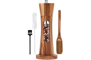 Uallsny Pfeffermühle Holz Salz und Pfeffer mühle mit Untersetzer Manuell Gewürzmühle verstellbarem Keramikmahlwerk Salzmühle für Pfeffer Salz Gewürze Höhe 20 cm