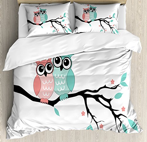Ambesonne Teal and White Duvet Cover Set Queen Size, Cute Owl Couple Sitting on Tree Branch Valentines Romance Love, Decorative 3 Piece Bedding Set with 2 Pillow Shams, Turquoise Coral Black