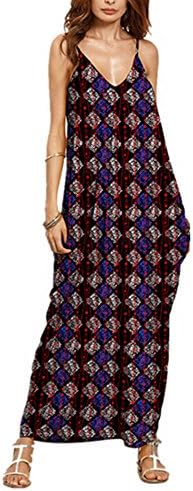 Monissy Womens Print Maxi Dress Sleeveless Strapless V-Neck Loose Casual Dress