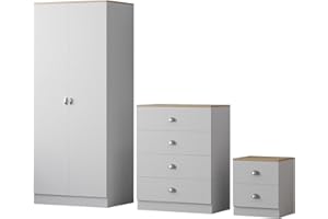 FWStyle Esher 3 Piece Bedroom Furniture Set including 2 door wardrobe, a large 4 drawer chest and bedside cabinet,Matt White